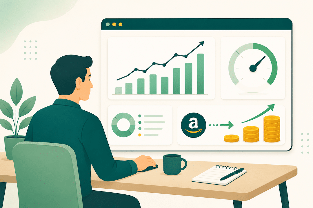 Flat illustration of an Amazon seller reviewing an advertising budget dashboard with charts, a gauge, and stacked coins.