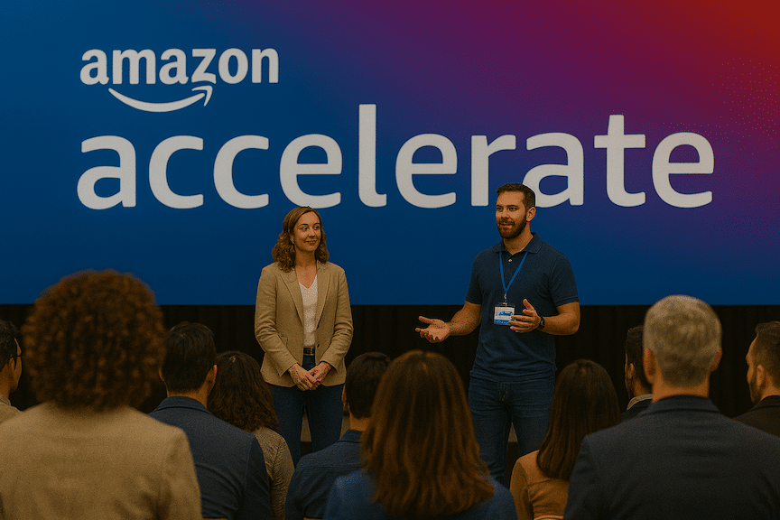Two ecommerce presenters are speaking from the stage of the Amazon Accelerate conference