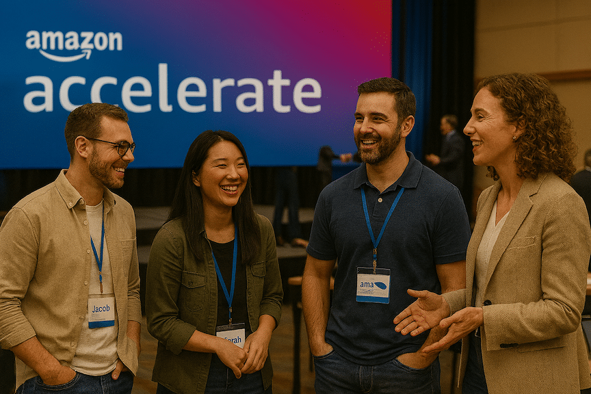 A group of 4 amazon sellers are speaking at the foot of the Amazon Accelerate conference stage