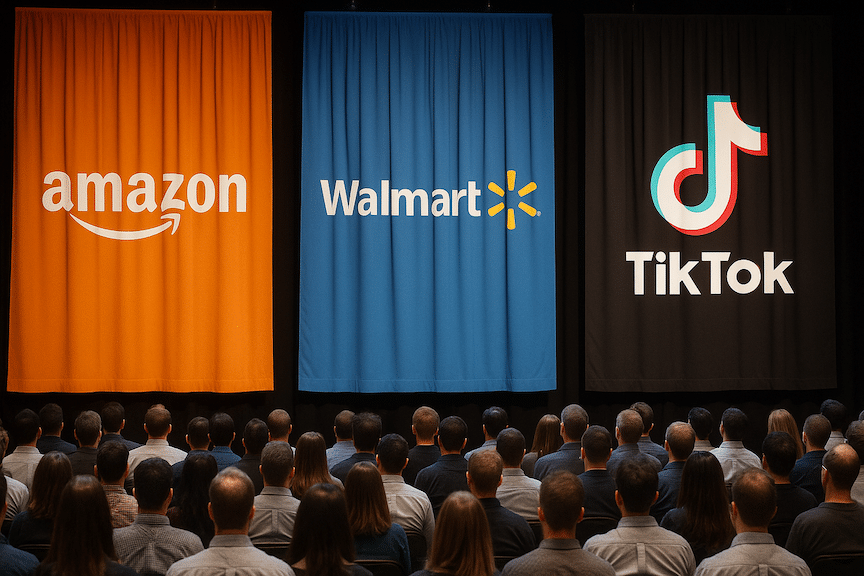 an audience full of ecommerce sellers looking at a stage with three curtains. One of them titled amazon, one walmart, and one TikTok. Each has a branded curtain in their corporate colors