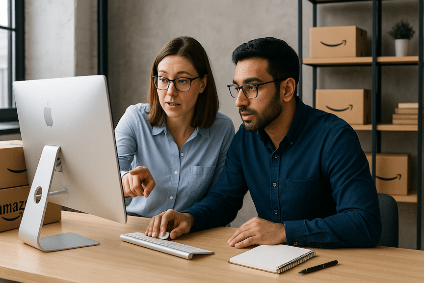 Two Amazon sellers strategizing over a computer at a desk in a modern office