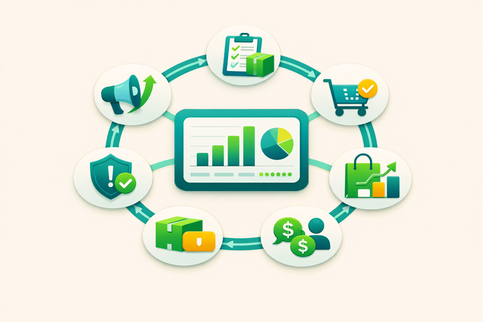 Central Amazon performance system connected to six key metrics forming a continuous optimization loop