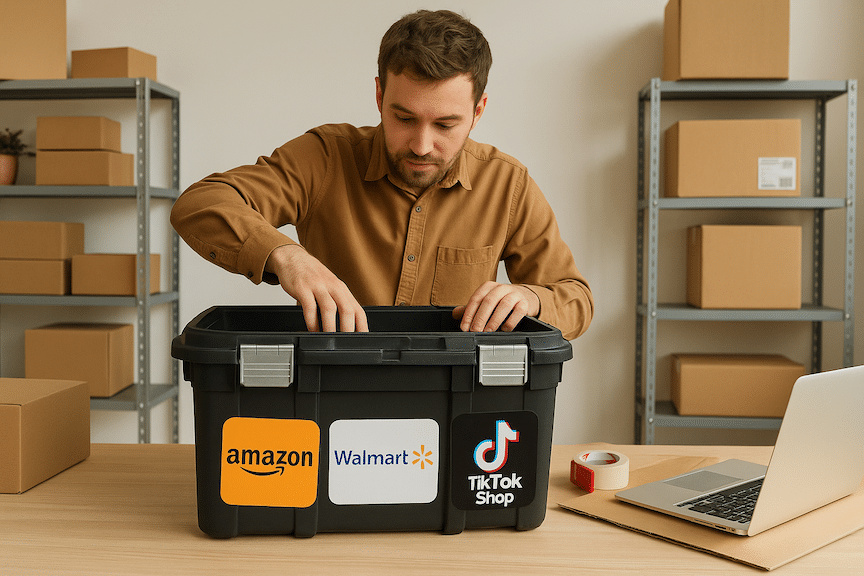 a landscape mode image of an ecommerce seller digging into a large toolbox with amazon, walmart and tiktok shop stickers on it