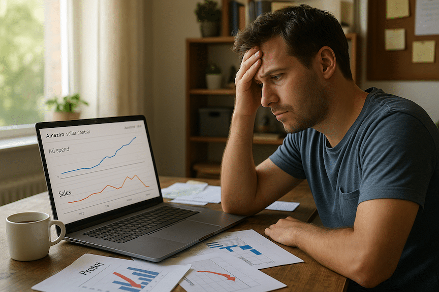 A frustrated Amazon seller in their 30s sitting at a desk in a home office, staring intensely at a laptop screen showing Amazon Seller Central dashboard with rising ad costs but flat sales graphs. The person has one hand on their forehead in a stressed gesture, coffee cup nearby, scattered papers with declining profit margins visible.