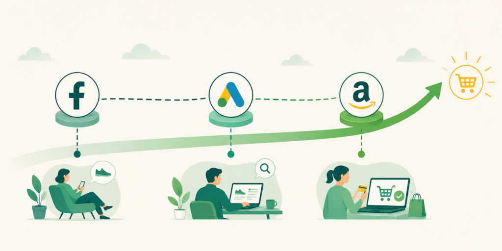 Buyer-intent spectrum moving from browsing on Facebook to researching on Google to buying on Amazon.