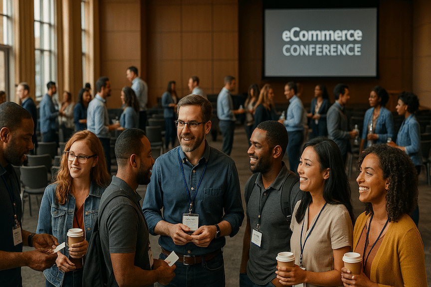 "Photorealistic wide-angle photograph in landscape orientation of the same ecommerce conference attendees from the SEO presentation, now in an informal networking session. The conference hall chairs are pushed aside or empty. The same diverse group of entrepreneurs and online sellers are now standing in small clusters of 3-5 people throughout the space, engaged in animated conversations. Some are exchanging business cards, others are showing something on their phones or tablets to each other. The SEO expert from the podium is now in the center, surrounded by a group of attendees asking questions.
