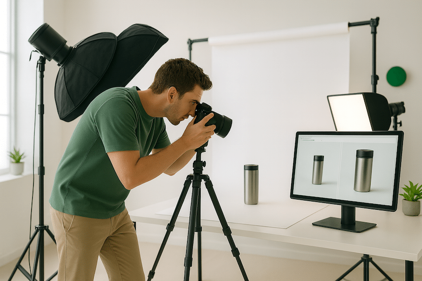 A professional product photographer in a bright, white-walled studio photographing an ecommerce product on a white seamless backdrop. The photographer is adjusting lighting equipment and examining the product through their camera's viewfinder.