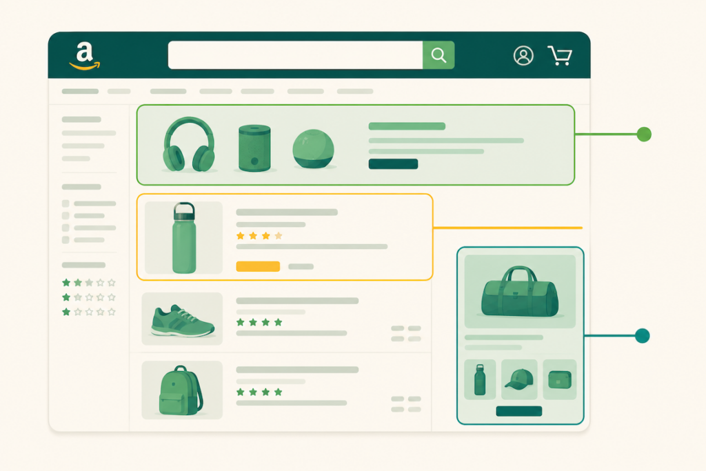 Illustration of an Amazon search results page showing Sponsored Products, Sponsored Brands, and Sponsored Display placements.