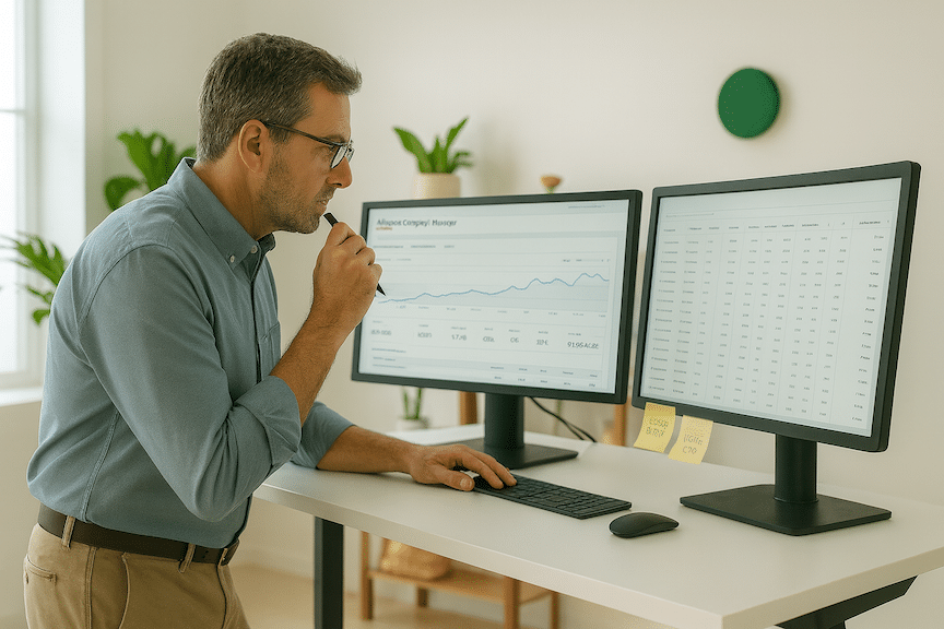 An ecommerce business owner in their 40s at a standing desk with dual monitors, one screen showing Amazon Campaign Manager with keyword performance data, the other displaying a spreadsheet with conversion rates.