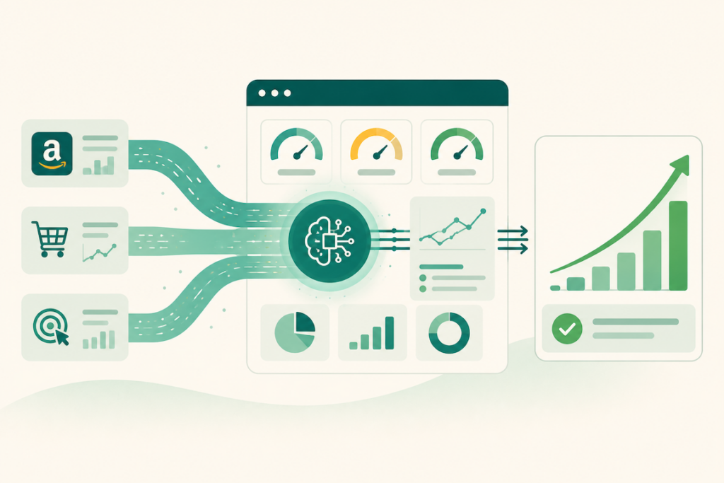 Abstract illustration of AI-driven Amazon bid optimization feeding an upward performance curve.