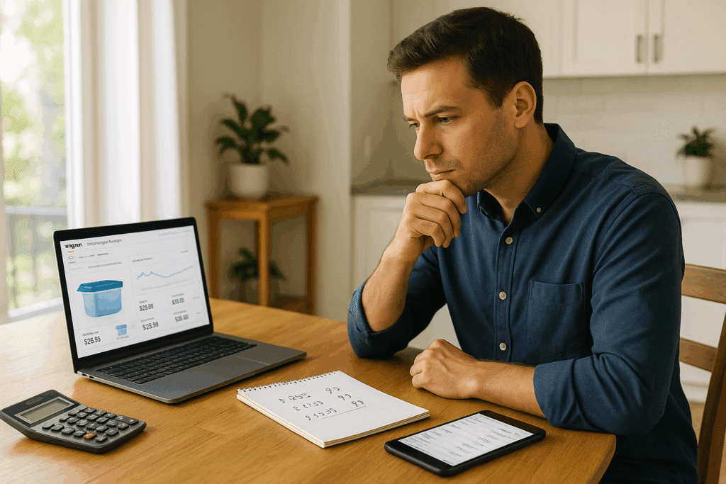 A young Amazon seller sitting at a kitchen table with a tablet showing their product listing next to competitor listings on the screen. Calculator, notepad with price comparisons, and a smartphone displaying profit margin calculations spread out on the table.