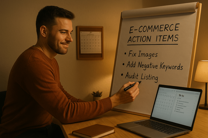 A determined ecommerce entrepreneur in a small office space writing action items on a whiteboard or large notepad, with bullet points visible like "Fix Images," "Add Negative Keywords," "Audit Listing."