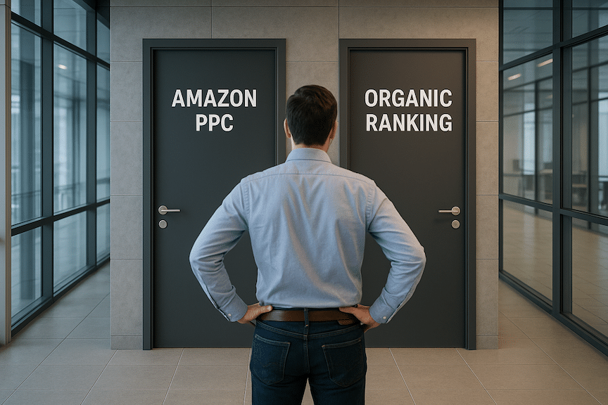 an amazon seller in a modern office building looking at two closely spaced doors trying to decide which one to enter. One of them is labeled, Amazon PPC, and the other is labeled, Organic Ranking.