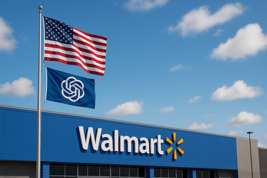 a large walmart store flying a flag with a walmart and ChatGPT flag