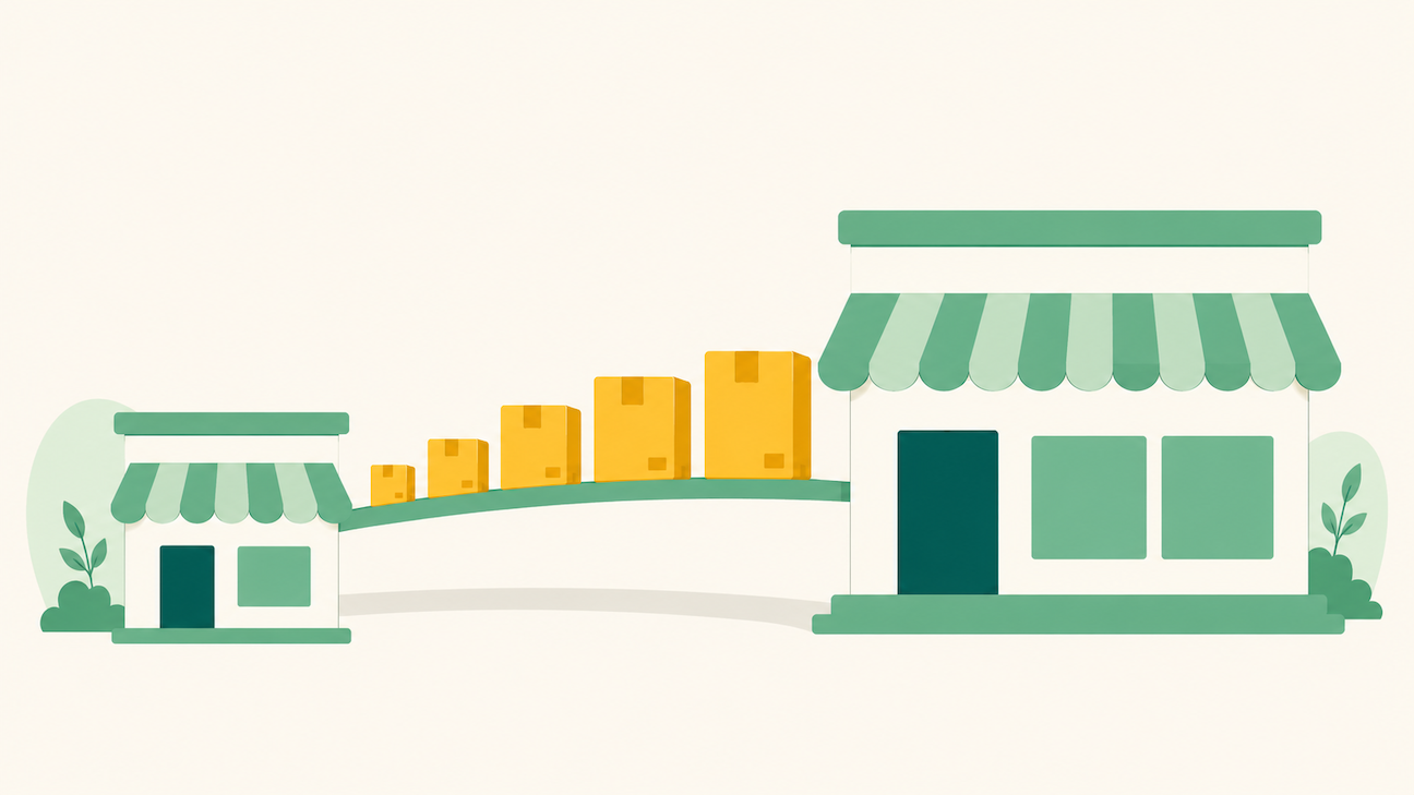 Illustration of packages flowing from a smaller storefront to a larger one, representing marketplace expansion.