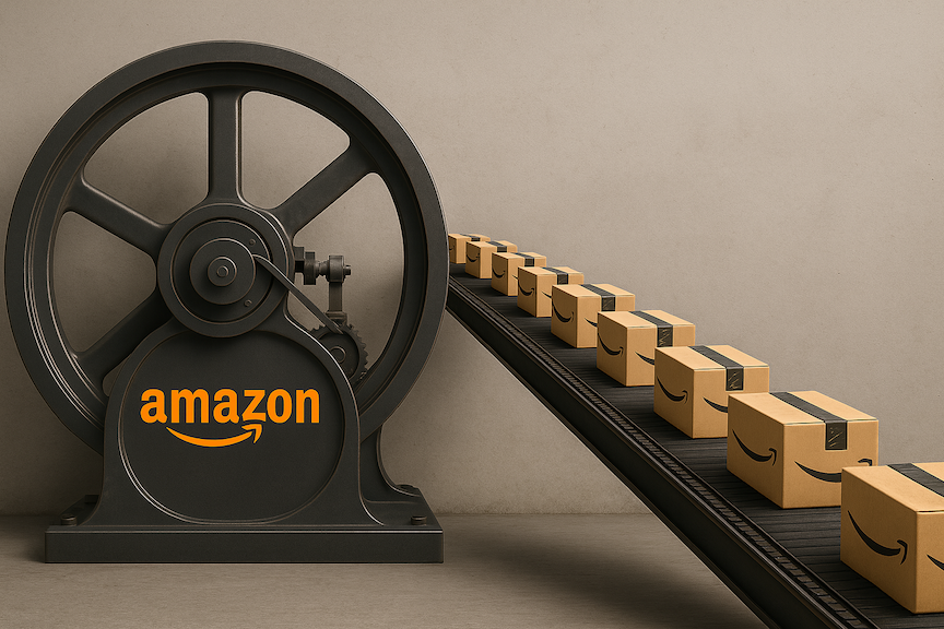 a landscape mode image of a large mechanical flywheel with an Amazon logo on it with a conveyor belt on which is traveling a long line of Amazon packages