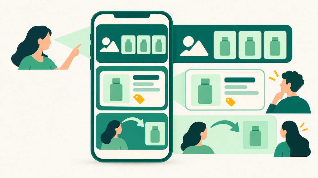 The three Amazon PPC ad types shown on a phone screen: Sponsored Brands at the top, Sponsored Products in results, and display ads bringing shoppers back
