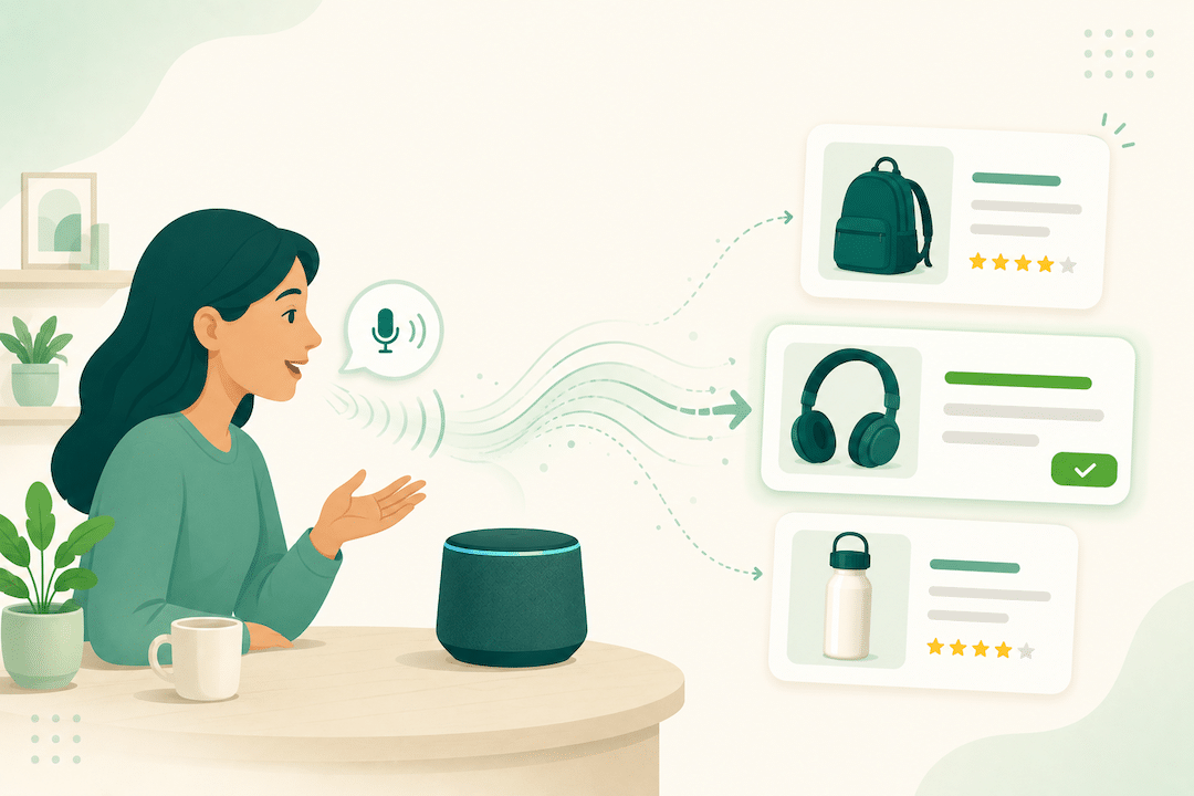 Amazon shopper speaking a voice query to a smart speaker as product cards surface, showing voice-driven product discovery