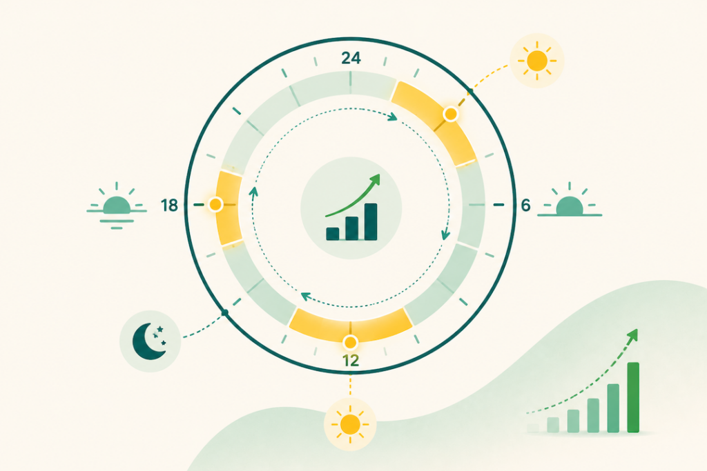 Illustration of Amazon PPC dayparting, a 24-hour timeline with peak conversion windows highlighted for concentrated ad spend.