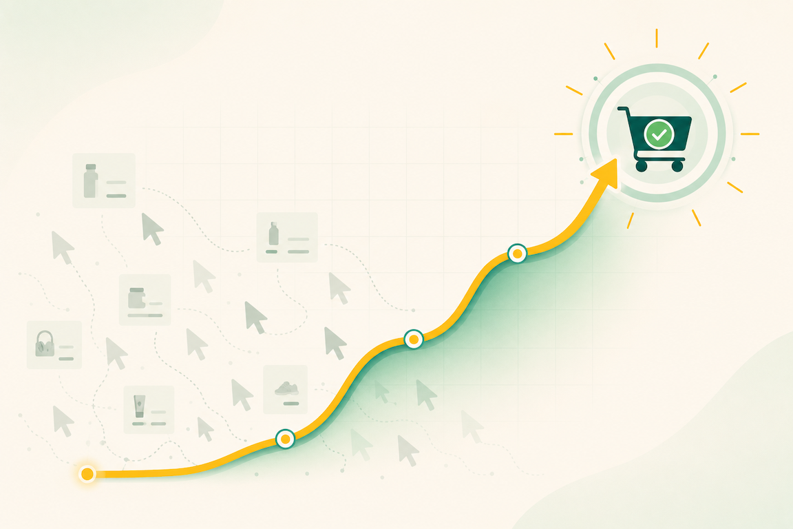 Illustration of an Amazon PPC strategy prioritizing purchases over clicks, with a conversion path rising above scattered ad clicks.
