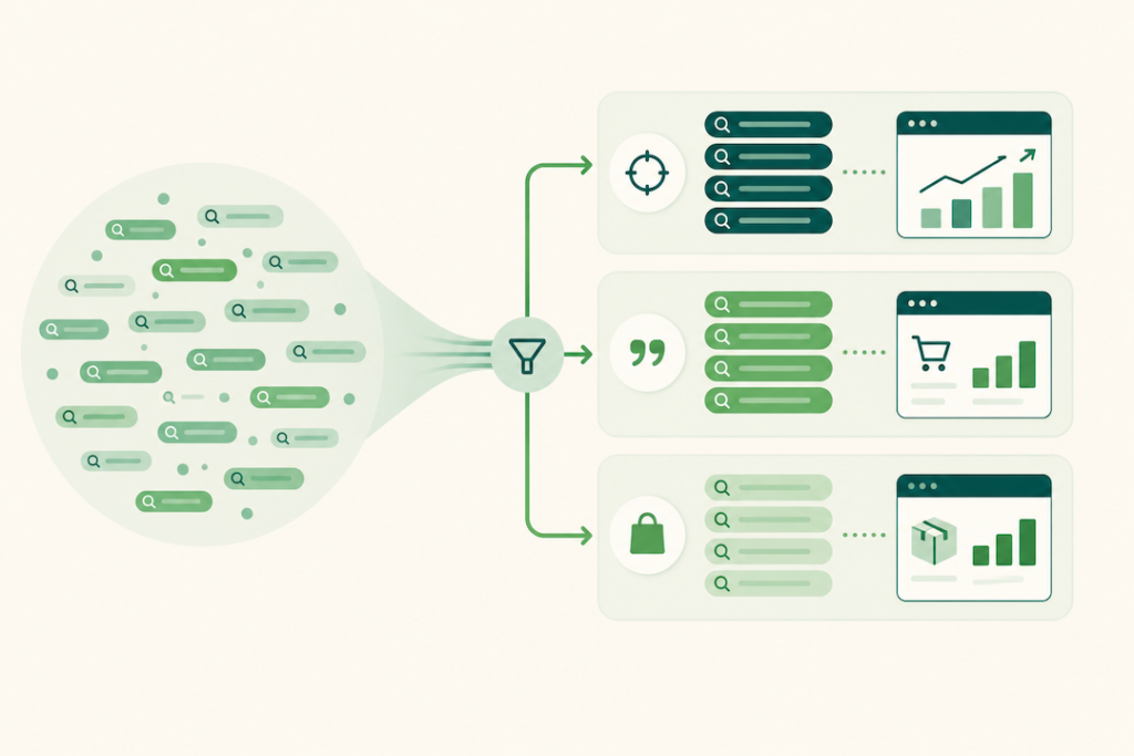 Illustration of Amazon PPC keywords organized into themed campaigns by match type.