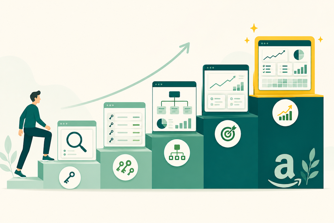 Illustration of an Amazon seller progressing from basic keywords to a structured PPC campaign strategy.