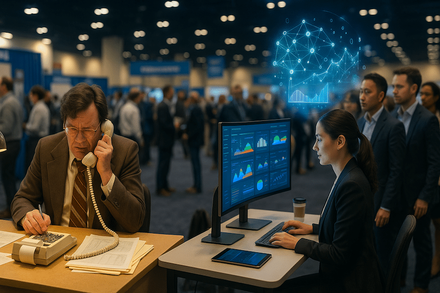 A split-screen comparison at a bustling ecommerce conference exhibition hall. LEFT SIDE: A vintage 1980s-style desk setup with a frustrated agent in dated business attire, struggling with a beige corded rotary telephone and a bulky mechanical calculator with paper tape. The desk is cluttered with printed spreadsheets, sticky notes, and filing folders. RIGHT SIDE: A sleek modern desk with a confident professional working on a large curved desktop monitor displaying real-time advertising dashboards with colorful analytics graphs. Above their head floats a glowing, translucent holographic visualization of an AI algorithm - depicted as interconnected nodes, flowing data streams, and dynamic charts with mathematical symbols. The modern desk has a minimalist aesthetic with a tablet and coffee. Background shows conference banners and blurred attendees.