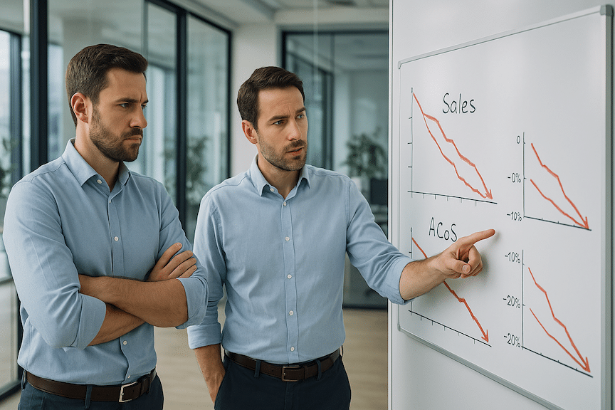 Two professional male Amazon sellers standing in a modern, bright office space, looking concerned at a large whiteboard mounted on the wall. The whiteboard displays multiple graphs and charts with clear downward trending red lines showing declining sales metrics. One man is pointing at the declining trend line while the other has his arms crossed, both wearing business casual attire (button-down shirts, one with rolled sleeves). The office features clean, minimalist design with glass walls, contemporary furniture, natural light streaming through large windows, potted plants, and a sleek conference table in the background.