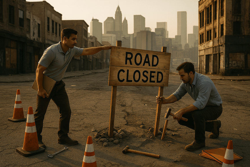 Two determined entrepreneurs in casual business attire—one wearing a polo shirt with a clipboard tucked under their arm, the other in a button-down with rolled sleeves—work together to construct a large wooden "ROAD CLOSED" barricade sign. In the distance is a downtrodden city center.