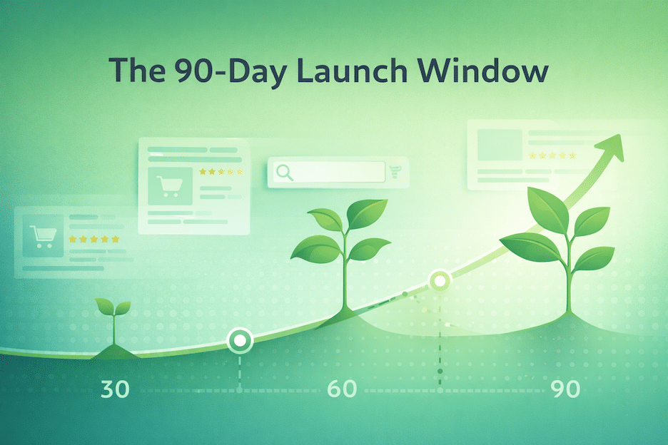 A horizontal timeline visualization showing the 90-day product launch journey. Left side starts with a small seedling icon, middle shows growth/upward momentum, right side shows a thriving plant or upward-trending chart. Background uses Canopy's signature green gradient (teal #006350 fading to mint #c3f0c8).
