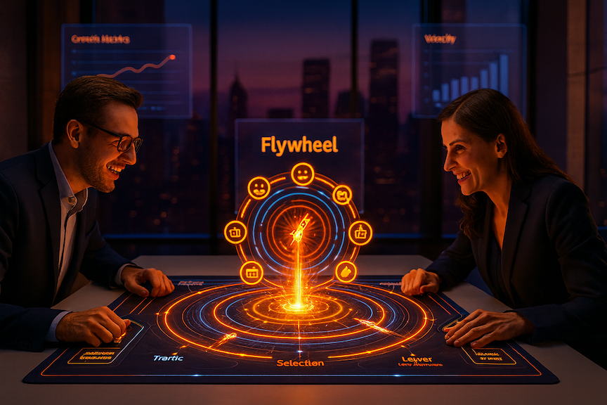 Two professional ecommerce entrepreneurs in their 30s-40s sitting across from each other at a sleek, minimalist white desk in a modern high-tech office environment. They're leaning forward with energized, competitive expressions, their hands gripping futuristic holographic control panels on either side of an elaborate circular game board between them.
The game board is a high-tech spinning flywheel mechanism—a large translucent circular disc with glowing concentric rings rotating slowly in opposite directions. Holographic icons representing the flywheel stages orbit around the center: customer experience (smiling faces), traffic (flowing arrows), sellers (storefront icons), selection (product grids), lower cost structure (downward graphs), and lower prices (price tags). Energy pulses flow between each stage, accelerating as they complete the loop. The center hub glows intensely, representing momentum and growth, with small holographic rockets and upward trajectories emanating from it.