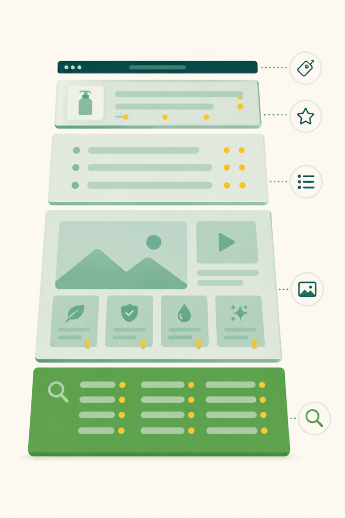 Layered diagram showing keyword placement across Amazon title, Item Highlights, bullets, and backend fields