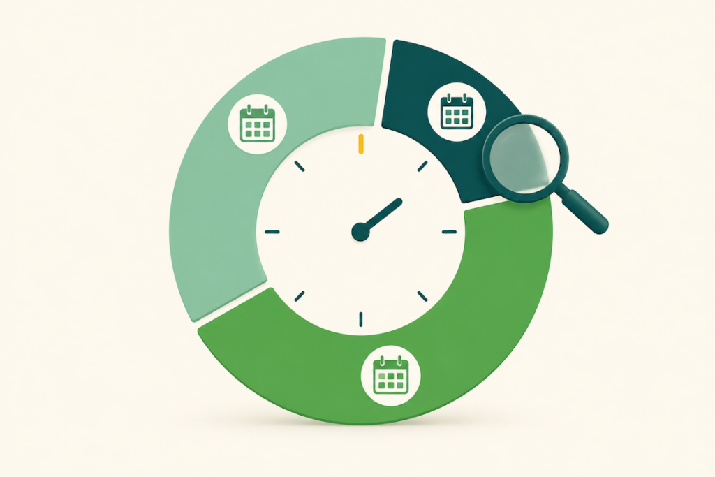 Circular dial showing weekly, monthly, and quarterly Amazon keyword review cadences