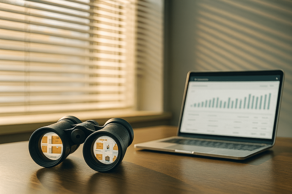A pair of high-end binoculars resting on a minimalist desk next to a laptop showing ecommerce analytics. Through the binocular lenses, we see a stylized Amazon product grid slightly out of focus. Morning light streams through venetian blinds, casting dramatic shadows. The mood is strategic surveillance, calm and calculated.