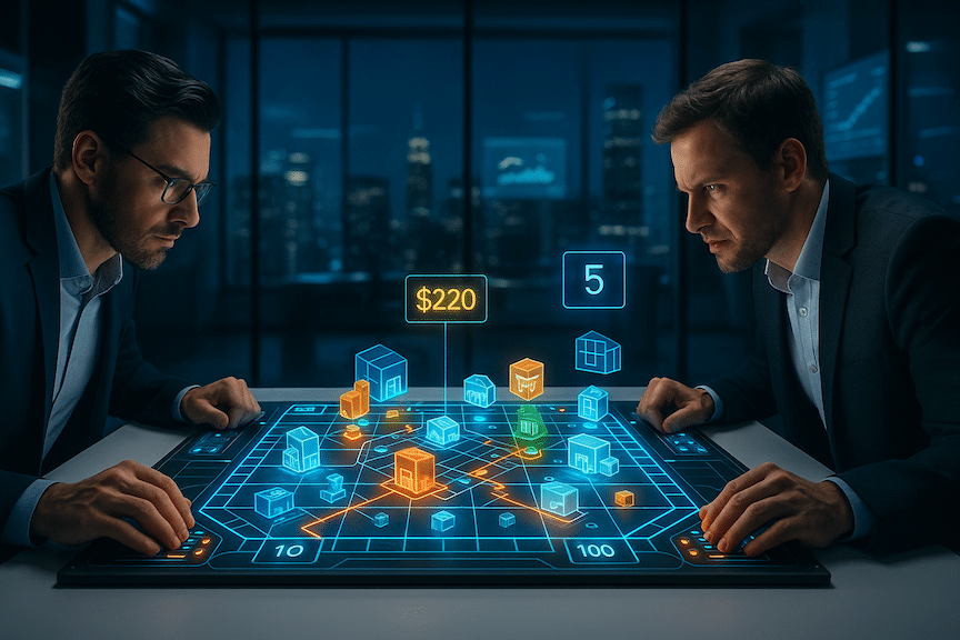 Two professional ecommerce entrepreneurs in their 30s-40s sitting across from each other at a sleek, minimalist white desk in a modern high-tech office environment. They're leaning forward with focused, competitive expressions, their hands gripping futuristic holographic control panels on either side of an elaborate game board between them. The game board is a high-tech reimagining of a classic strategy board game—think Monopoly or Risk meets sci-fi. The board surface is a translucent glass panel with glowing neon grid lines, holographic 3D miniature warehouses, shipping containers, and product icons floating above different territories. LED pathway lights pulse between spaces. Digital price tickers and ranking numbers hover in mid-air above key positions. The office background features floor-to-ceiling windows with a city skyline view, subtle blue ambient lighting, floating data visualization screens showing graphs and metrics, and clean concrete and glass architectural elements.