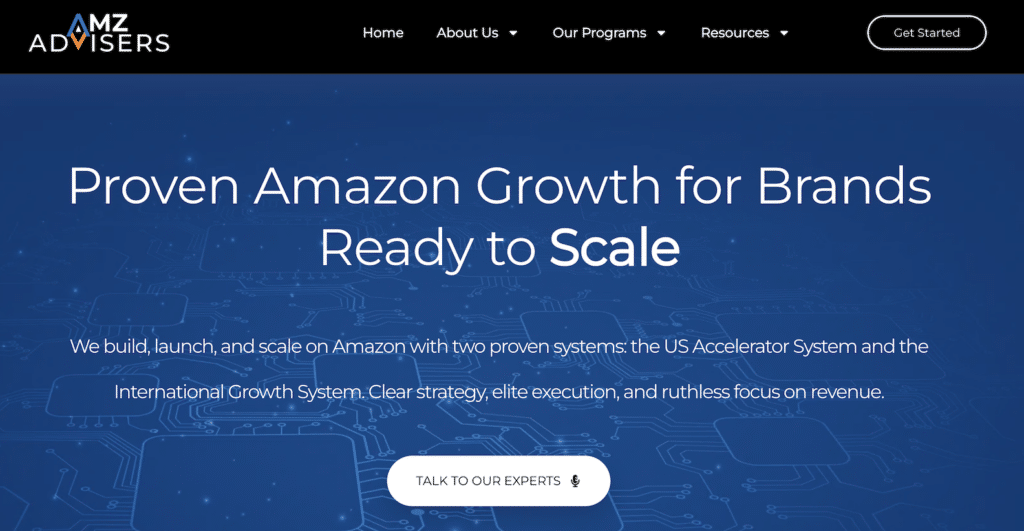 Screenshot of AMZ Advisors website homepage showcasing their Amazon PPC management services