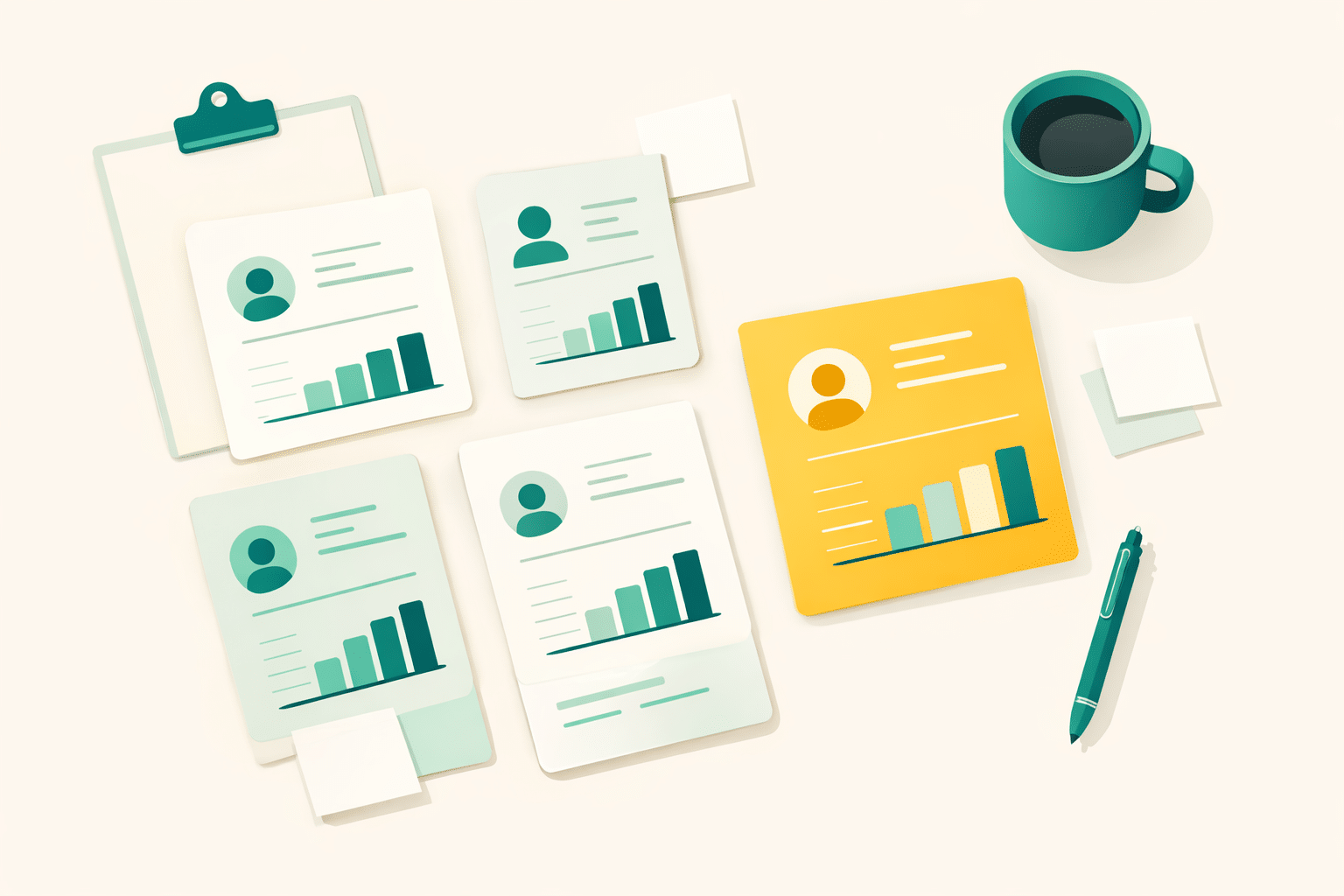 Sophisticated overhead view of a clean workspace with abstract representations of agency profiles being evaluated—minimalist cards or documents arranged thoughtfully, with one highlighted in yellow (#fcb61a) against a cream (#fbf9f2) background. Teal (#006350) and mint (#51b082) accents. Flat illustration style, no hands visible, editorial feel.