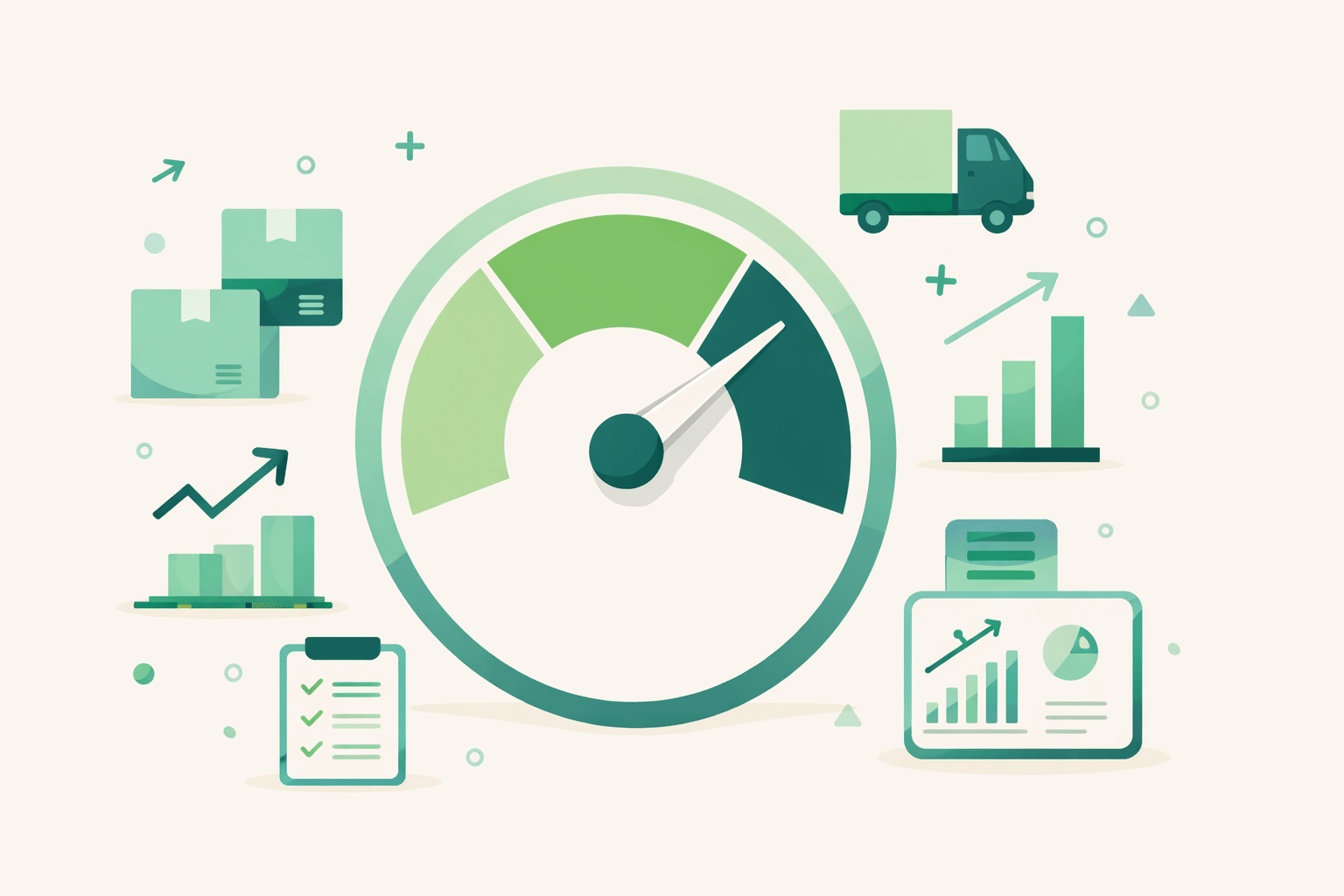 Dashboard gauge showing a healthy Amazon IPI score in the green zone, surrounded by inventory and shipping icons