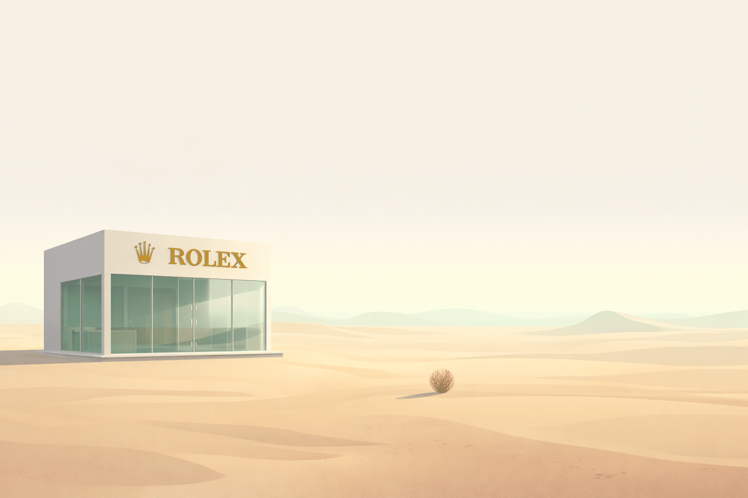 Clean, modern illustration of a sleek minimalist Rolex storefront (glass facade, tasteful signage) sitting alone in a vast empty desert landscape. The store is polished and professional but completely isolated with no roads or people leading to it. Soft gradient sky transitioning from cream (#fbf9f2) to mint (#c3f0c8) at the horizon. The desert floor is rendered in warm sandy tones with subtle shadows. Small tumbleweed detail for emphasis.