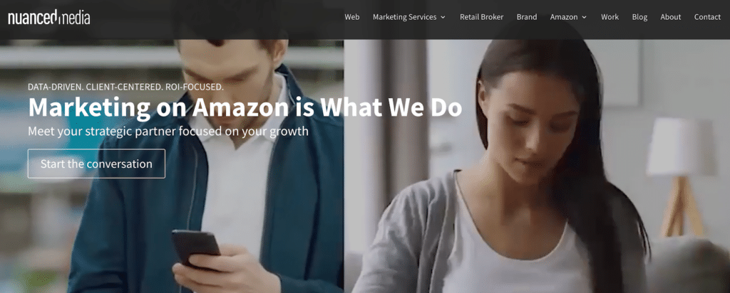 Screenshot of Nuanced Media  website homepage showcasing their Amazon PPC management services