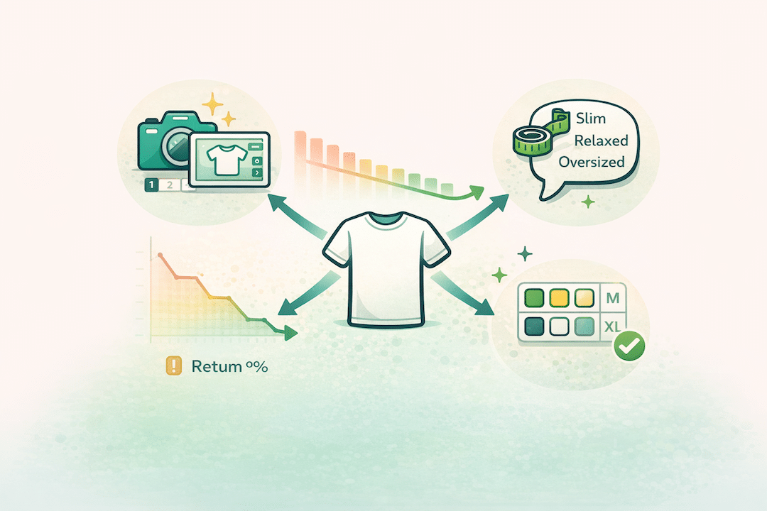 nfographic showing three key drivers of Amazon apparel returns: image sequencing, fit language, and variation structure