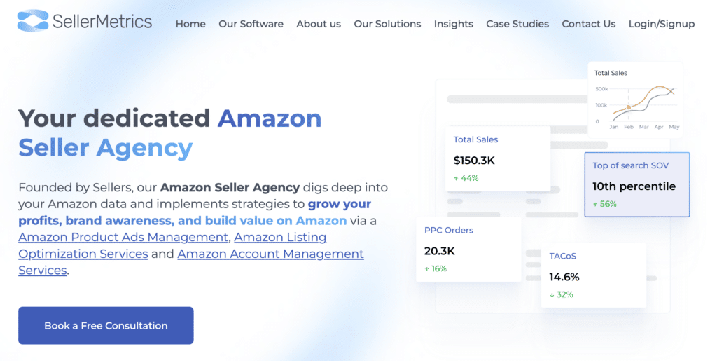 Screenshot of SellerMetrics website homepage showcasing their Amazon PPC management services