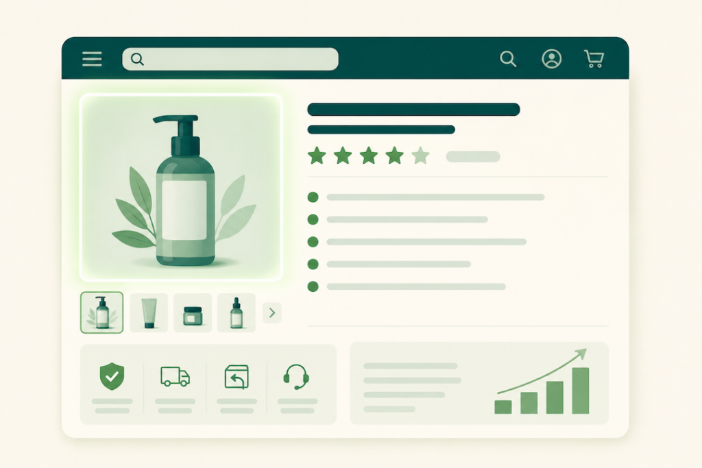 Illustration of an Amazon product listing with image, title, and reviews as conversion building blocks.