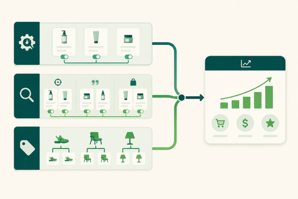 Illustration of a three-tier Amazon PPC campaign structure feeding a single results bar.