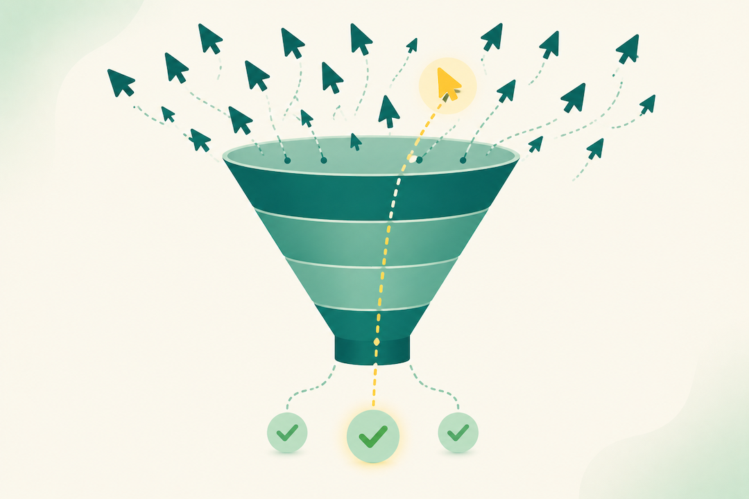 Illustration of ad clicks entering a funnel with only a few converting to sales.