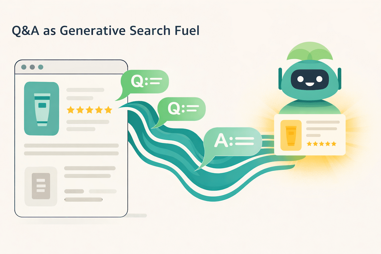 Infographic showing Amazon Q&A conversation bubbles transforming into data streams that feed an AI assistant, which outputs a product recommendation card.
