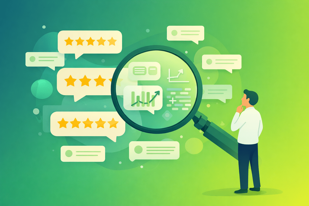 Flat vector illustration on a gradient background transitioning from teal (#006350) to green (#35a635). Center composition shows a stylized magnifying glass hovering over a cluster of floating 5-star rating icons and speech bubble shapes. Inside the magnifying glass lens, small data visualization elements (a mini bar chart, keyword tags, trend line) are visible, suggesting analysis. To the side, a simplified human figure in business casual attire looks at the data thoughtfully.