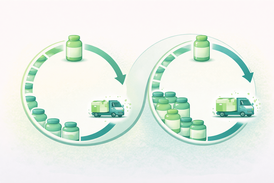 Circular diagram illustrating product consumption cycle with aligned versus misaligned delivery timing