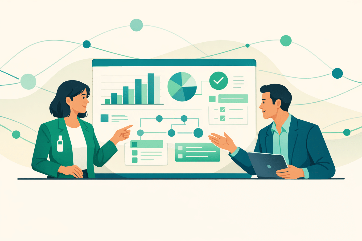 Two business professionals collaborating over a shared strategy dashboard, representing brand-agency partnership