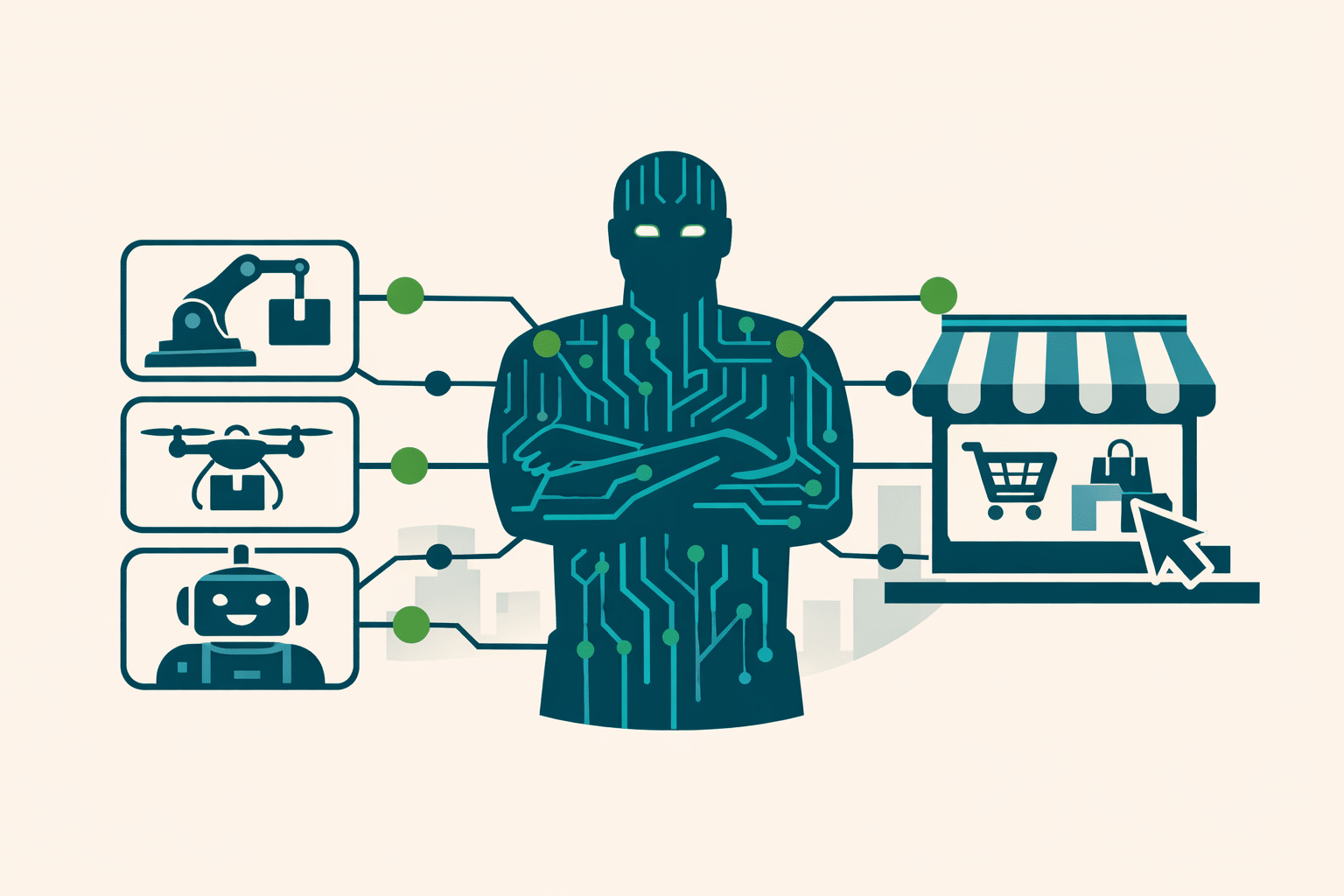 Illustrated diagram showing AI agents being regulated at the entrance to an ecommerce marketplace